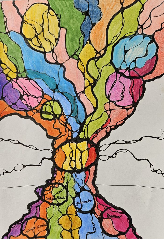 Farbige NeuroGraphik-Zeichnung: ein Baum aus schwarzen, an den Kreuzungen gerundeten Linien, die Flächen in Gelb, Orange, Blau, Grün und Pink ausgemalt