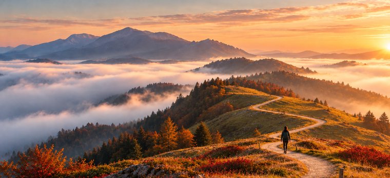 Ein Wanderweg führt über einen Bergkamm durch Nebelschwaden, im Morgenlicht der aufgehenden Sonne