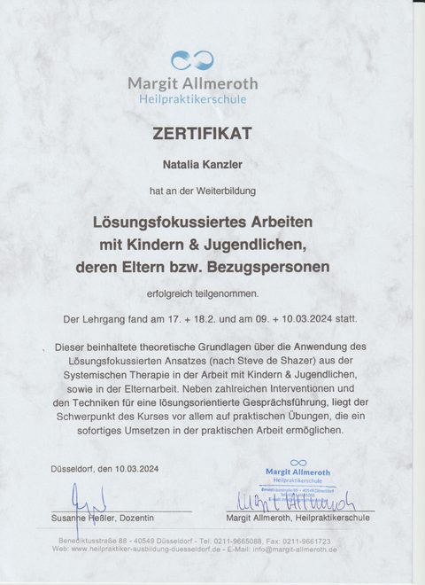 Zertifikat Lösungsfokussiertes Arbeiten mit Kindern und Jugendlichen für Natalia Kanzler, Margit Allmeroth Heilpraktikerschule, 10.03.2024