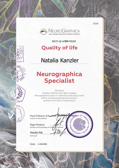 Zertifikat Neurographica Specialist für Natalia Kanzler, Institut für Psychologie der Kreativität, 11.08.2026
